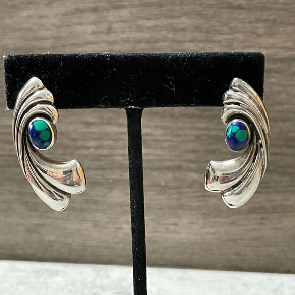 Vintage Azurite 8g Sterling Silver Handmade Signed Curved Pierced Earrings 1.5" - Picture 1 of 6